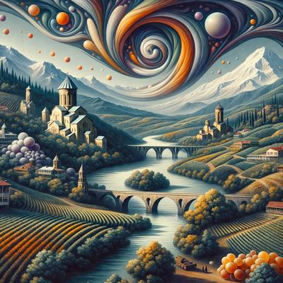 The primary subject of the image is a painting of a beautiful landscape featuring a river, a bridge, and a town. The setting includes a mountain in the background, adding to the picturesque scene. The visual style of the painting is a mix of digital art and illustration, creating a vibrant and detailed image. The colors and mood of the painting are warm and inviting, with the river and bridge serving as the focal points of the scene.
